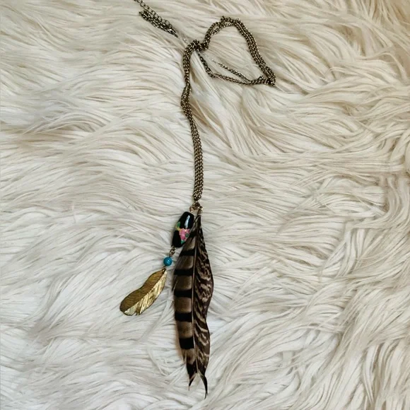 Feather and Bead Necklace - Gold, Brown, Black, Turquoise - Picture 4 of 8